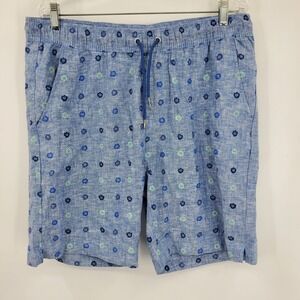 Tenth + Ocean Mens XL Blue Floral Washable Linen Cotton Blend Drawstring Shorts